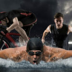 Triathlon sport collage. Man running, swimming, biking for compe